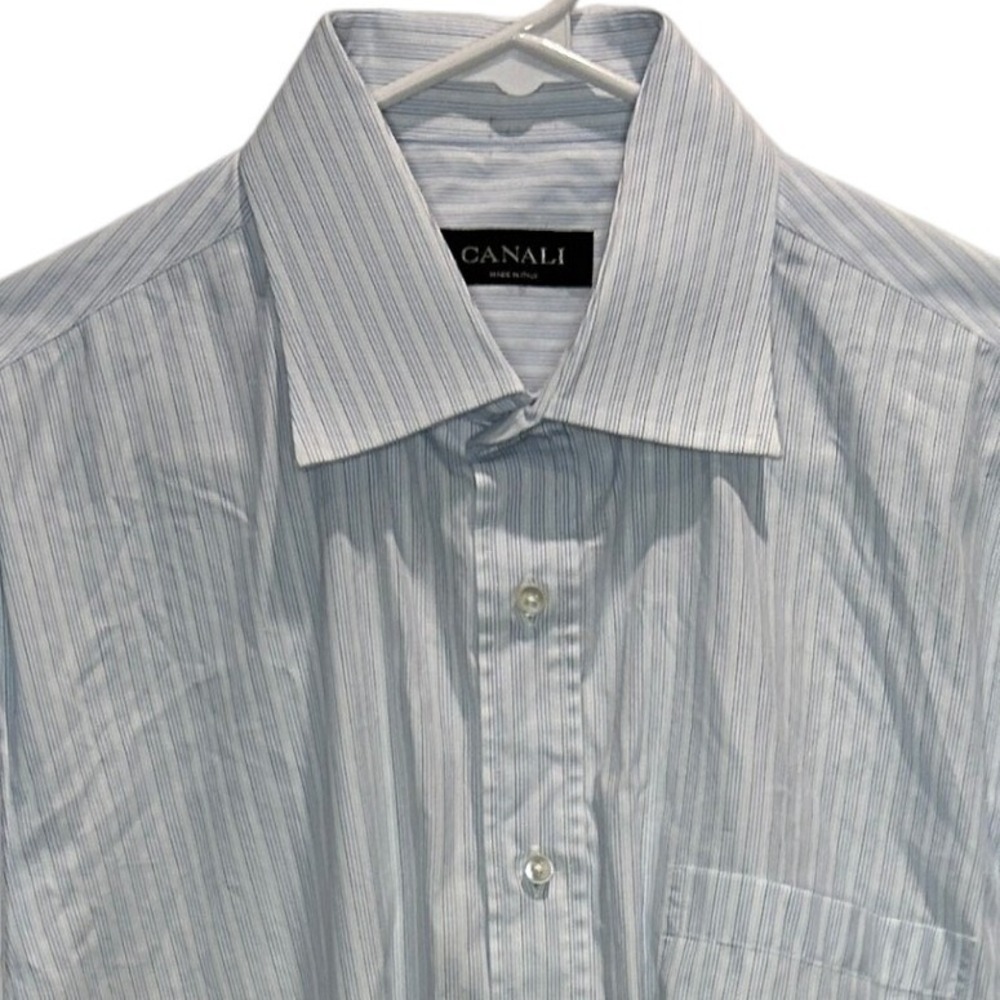 Canali Dress Shirt 16.5 Men's Blue White Striped Made in Italy Spread Collar